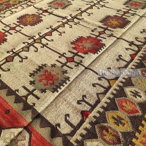 Handwoven Wool Jute Kilim Rug – Large Tribal Flatweave Carpet, Beige Red Geometric Area Rug, Boho Farmhouse Living Room Decor