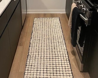 Handmade Checkered Wool Runner Rug | Cozy Home Decor & Stylish Entryway Mat | Non-Slip | Perfect for Living Room, Hallway Rug