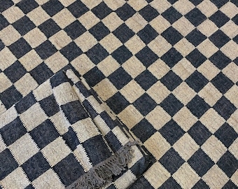 Handmade Checker Rug, Jute Kilim Checkerboard Rug, Home Decor Checkered Dhurrie, Custom Area Runner Rug