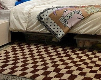 Brauner Karierter Wollteppich, Kelimteppich, Kelimteppich, Kelimteppich, Boho Teppich