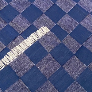 Tappeto a scacchi blu, decorazioni per la casa fatte a mano Dhurrie, tappeto a scacchiera