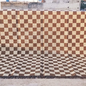 Checkerboard Home Decor Brown Rug, Checkered Jute Kilim Area Rug, Wool; Jute Runner Rug, Checker Dhurrie