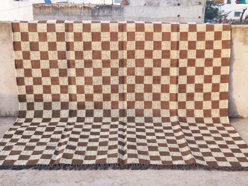 Checkerboard Home Decor Brown Rug, Checkered Jute Kilim Area Rug, Wool; Jute Runner Rug, Checker Dhurrie