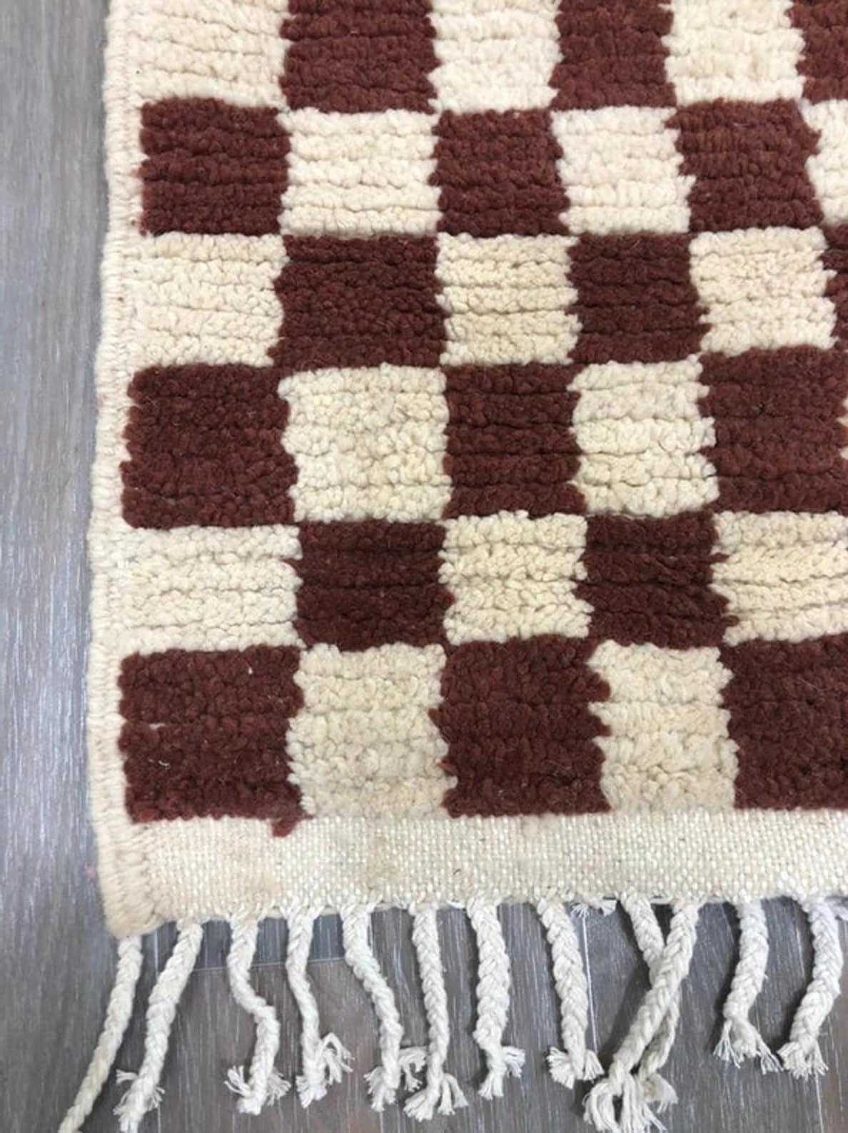 Brown Checkered Wool Handmade Rug, Home Decor Boho Area Rug, Moroccan ...