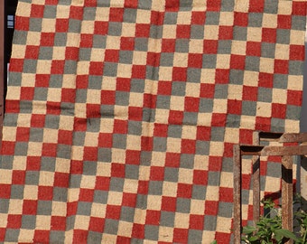 Handwoven Wool Jute Rug – Checkered Pattern Carpet | Red Blue Beige Check Design | Eco-Friendly Floor Mat | Boho Farmhouse Decor
