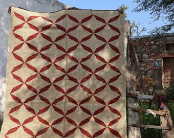 Ręcznie robiony duży kilim, tkany ręcznie, dywan z wełny i juty, kilim dhurrie, motywy, orientalny, tradycyjny indyjski, geometryczny, turecki
