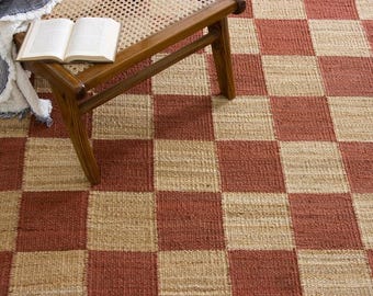 Terracotta Checkered Jute Rug – Handmade Natural Fiber Area Rug, Boho Rustic Decor, Hemp Dhurrie, Custom Size Woven Rug