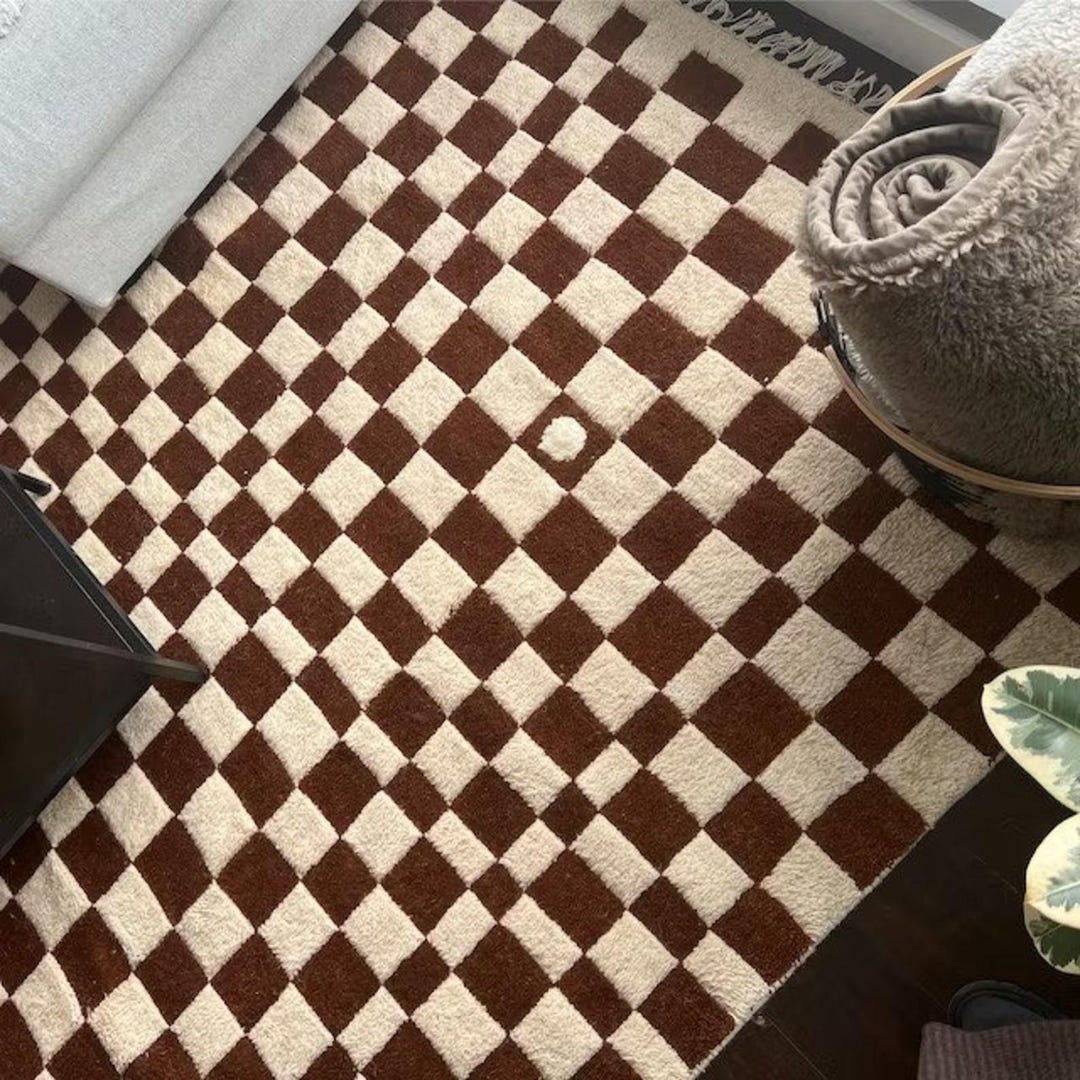 Handmade Brown Checkered Wool Rug, Modern Checkerboard Area Rug, Boho ...
