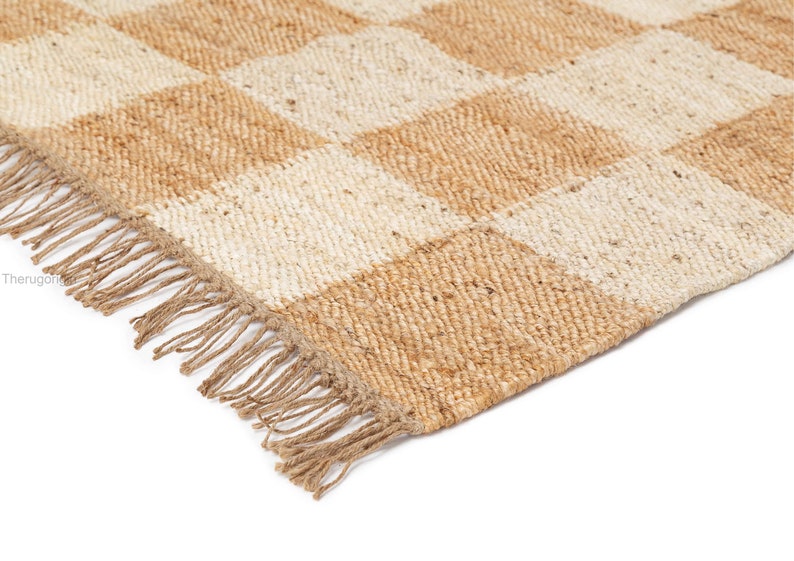 Jute Checkered Home Décor Floor Area Rug, Natural And Bleach Hemp Runner Rug