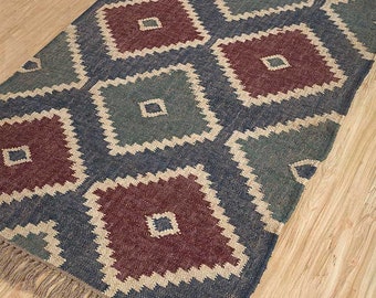 Alfombra Kilim de yute de lana tejida a mano, alfombra de yute de lana, alfombra de yute Kilim, alfombra de tejido plano, alfombra boho, alfombra india Dhurrie, alfombra Navajo Kilim, alfombra personalizada
