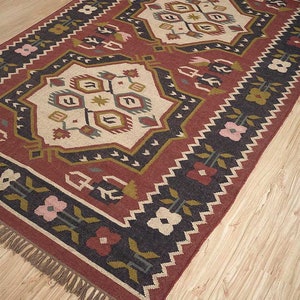 Handmade Woven Bricks Jute kilim Rug, Large kilim Wool Jute Rug, Wool Jute Rug, Handwoven Rug