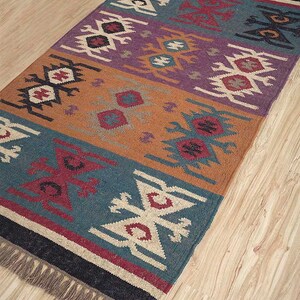 Handmade KILIM Rug, Multicolor; Jute Rug wool rug Kilim Dhurrie; traditional Indian; Chic Victorian Hipster, Custom Rugs