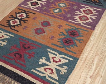 Handmade KILIM Rug, Multicolor; Jute Rug wool rug Kilim Dhurrie; traditional Indian; Chic Victorian Hipster, Custom Rugs