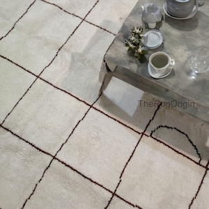 Modern Wool Grid Rug – Hand-Knotted Cream Checkered Carpet | Minimalist Boho Floor Decor | Geometric Area Rug | Neutral Living Room Rug