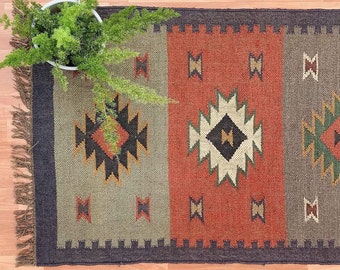 Handmade Wool Jute Kilim Rug, Handwoven Wool Jute Rug, Boho Décor Rug, Kilim Jute Rug, Flatweave Rug, Bohemian Rug, Indian Dhurrie Rug