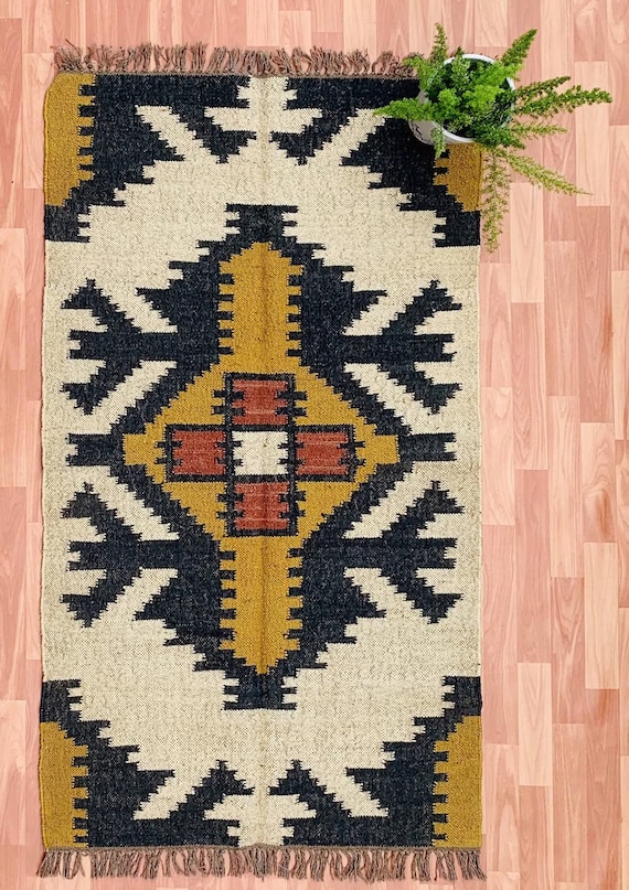 Handmade Navajo Kilim Rug, Home Decor Rug, Wool Jute Kilim Rug, Geometric Hand-woven Rug, Floor And Rugs, Hallway Runner Rug