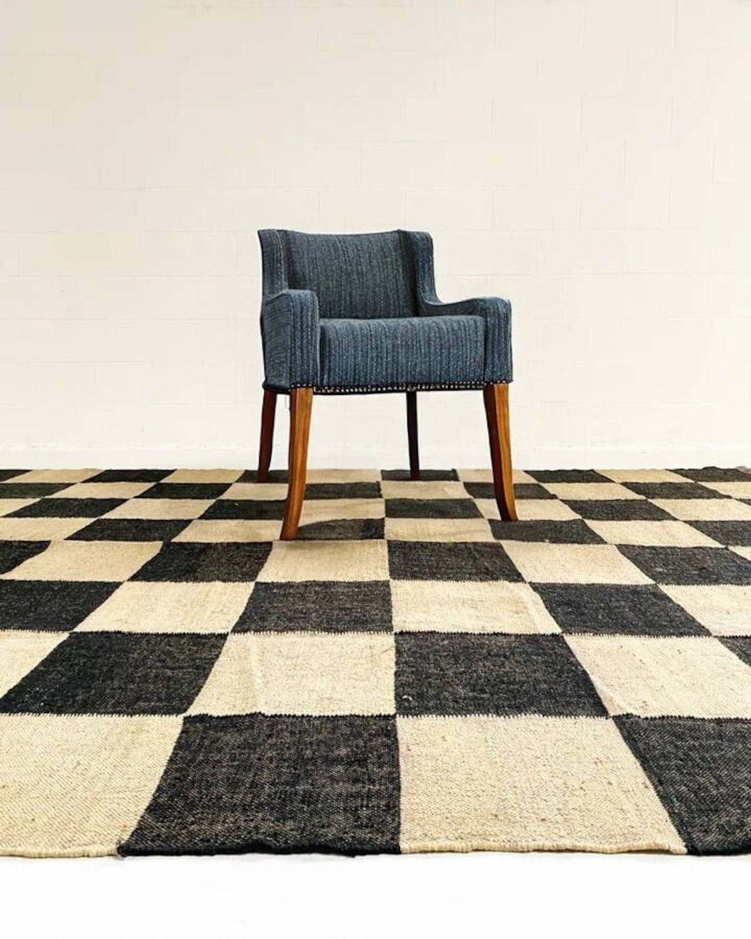 Handmade Jute Kilim Checkerboard Rug, Home Decor Checkered Dhurrie