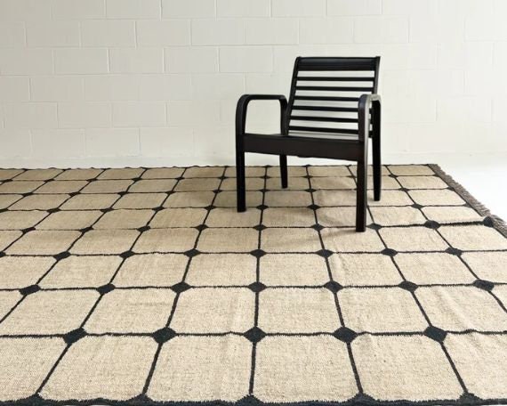Handmade Checkered Jute Kilim Area Rug - Home Decor Christmas Gift - Checkerboard Rug - Personalised Rug