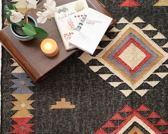 Handmade Wool and Jute Rug Handmade, BLACK Kilim Dhurrie Rug, Traditional Indian Dhurrie, Wool Rug