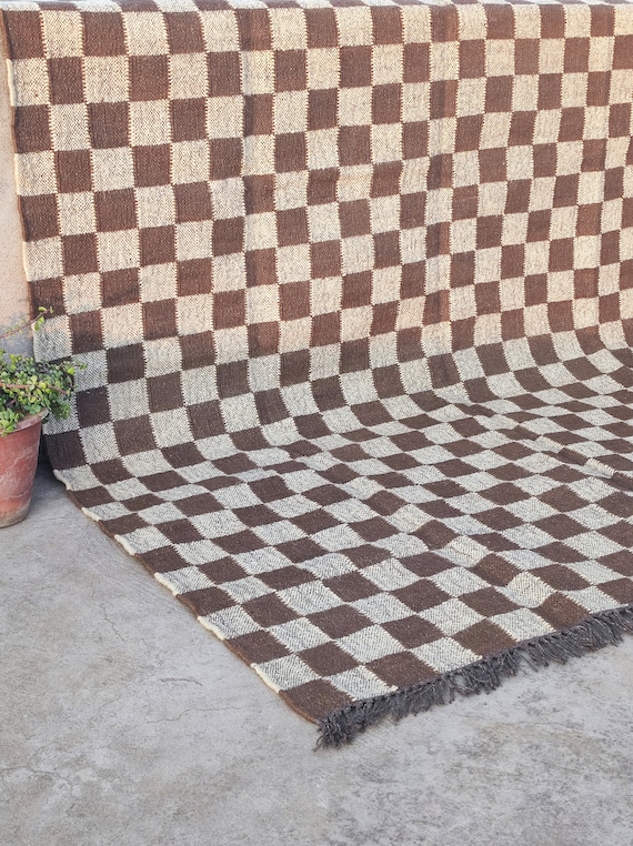 Checkerboard Brown Home Decor Rug - Checkered Wool Jute Kilim Area Dhurrie, Runner, Checker Dhurrie