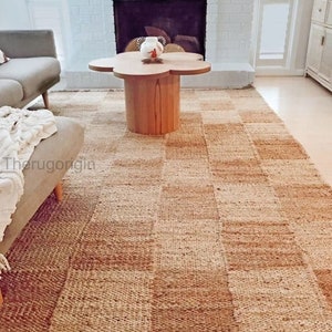 Handmade Jute Checkered Rug, Home Decor Rug, Custom Area Rug, Nordic Rug, Organic Natural Jute Runner