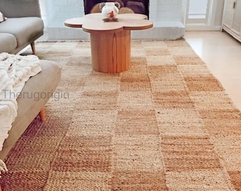 Handmade Jute Checkered Rug, Home Decor Rug, Custom Area Rug, Nordic Rug, Organic Natural Jute Runner