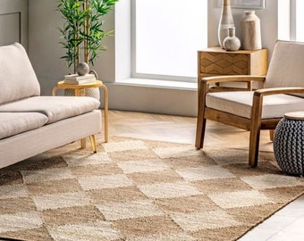 Handmade Jute Diamond Rug, Beige And Natural Jute Rug, Home Decor Area Rug, Organic Jute Rug, Nordic Rug