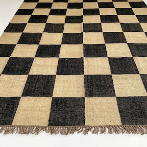 Handmade Jute Kilim Checkerboard Rug, Home Decor Checkered Dhurrie, Black Check Runner Rug, Custom Rug