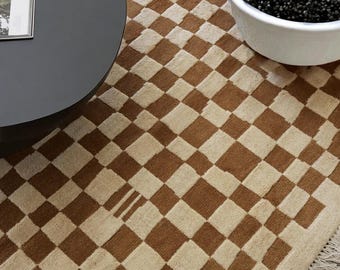 Handmade Wool Checkerboard Rug, Checkered Wool Rug Soft Texture, Custom Size Rug, Neutral & Brown Color Options