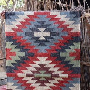 Handgeweven wollen jute kelimtapijt, loper, wollen jute tapijt, kelim jute tapijt, op maat gemaakt tapijt, boho-tapijt, Indiaas Dhurrie-tapijt, Navajo kelim-tapijt