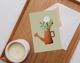 Carte illustrée avec un arrosoir et ses fleurs à envoyer, offrir ou encadré