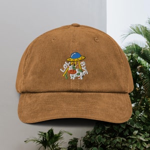 UFO Cow Abduction Funny Cow Hat Alien UFO Cute Cow Gift Dad hat - Corduroy hat - Multiple Colors