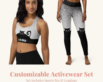 Leggings e reggiseno sportivo per donna neri personalizzati con gatti carini, regalo di yoga per allenamento con stampa integrale personalizzabile, non trasparente, approvato per lo squat