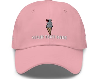 Ice Cream Cone Dad Hat, Your Text/Logo Personalized Embroidered Unisex Hat, Handmade Dad Cap, Adjustable Baseball Cap Gift - Multiple Colors