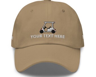 Golf Cart Dad Hat, Your Text/Logo Personalized Embroidered Unisex Hat, Handmade Dad Cap, Adjustable Baseball Cap Gift - Multiple Colors