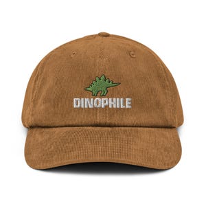 Stegosaurus Corduroy Hat, Your Text / Logo Personalized Embroidered Unisex Hat, Handmade, Adjustable Corduroy Cap Gift - Multiple Colors
