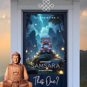 Samsara Lenormand, oracle with 36 illustrations inspired by a charming Buddha in different settings.