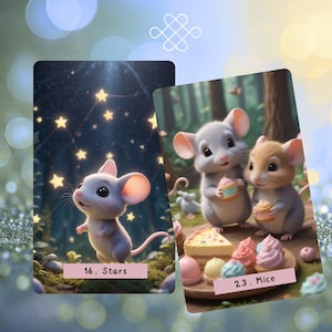 Puede incluir: Dos tarjetas ilustradas con adorables ratones. Una tarjeta muestra un ratón con estrellas, la otra dos ratones con cupcakes. Las tarjetas tienen el texto "16. Stars" y "23. Mice".