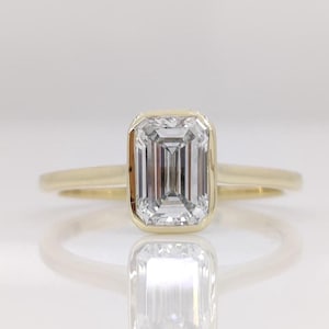 Bezel Set 1.5CT Emerald Cut Engagement Ring Lab Grown Diamond Solitaire Ring 14K Yellow Gold 925 Sterling Silver Bezel Ring For Women
