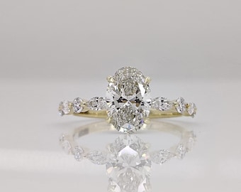 Oval-Cut Lab Grown Engagement Ring, 1.5 Carat IGI Certified Side Accent Ring in 14k Solid Yellow Gold, Minimalist Ring For Women&#39;s Gifts.