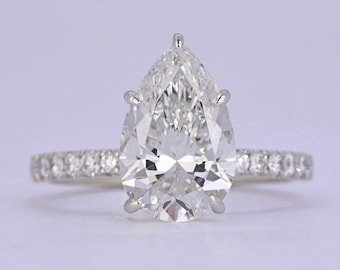 3Ct Pear Cut Lab Grown Diamond Hidden Halo Engagement Ring Side Accent Pave Ring 14k Yellow Gold Solitaire Ring Proposal Ring for Women Gift