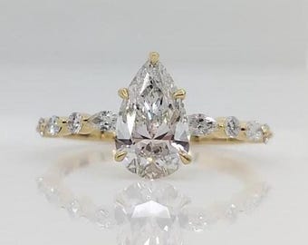2 Ct Pear Shaped Lab-Grown Engagement Ring, Pear Solitaire Ring With Marquise Accent Ring, IGI Certified Pear Cut Diamond Ring for Women