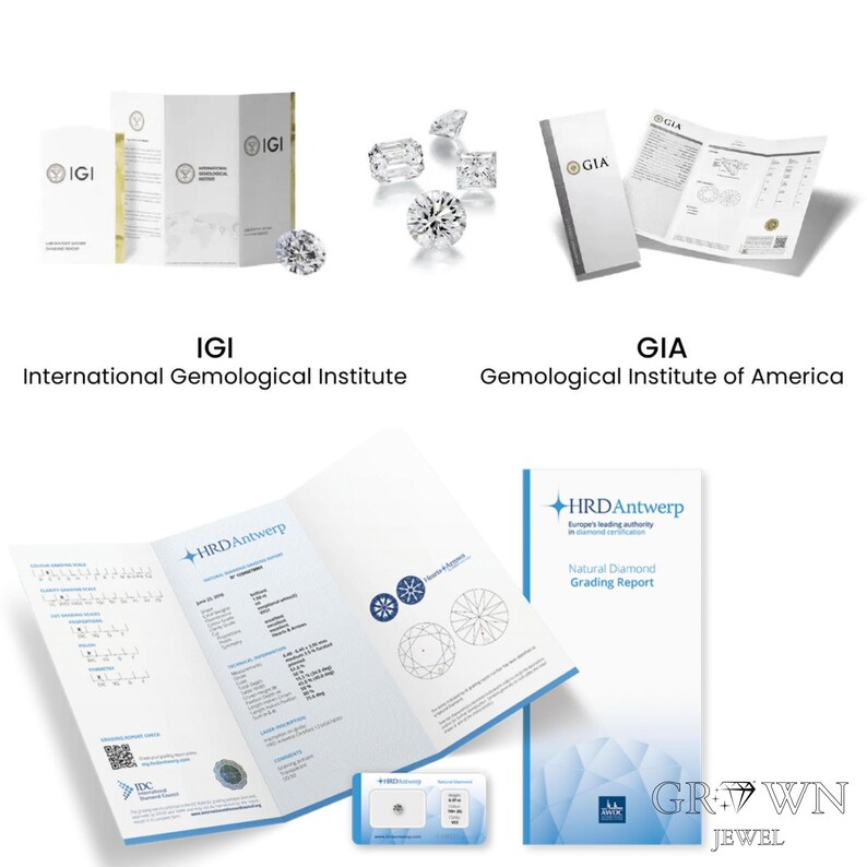 Puede incluir: Una comparaci&oacute;n de informes de clasificaci&oacute;n de diamantes del Gemological Institute of America (GIA), el International Gemological Institute (IGI) y el HRD Antwerp. Los informes est&aacute;n impresos en papel blanco con texto negro e incluyen un diagrama del diamante.