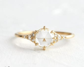 Engagement Ring,1ct Round Rose Cut Lab Grown Diamond Solitaire Ring, IGI Certified Diamond Side Accent Ring, 14K Gold Wedding Ring For Women