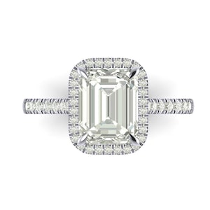 Emerald Cut Lab-Grown Diamond Engagement Ring, Halo Engagement Ring, Solitaire Ring, Side Accent Ring, 14K Yellow Gold Wedding Ring For Her
