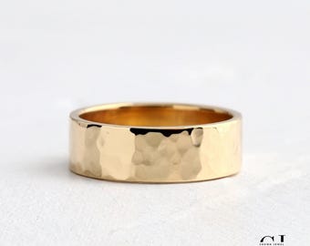 HAMMERED GOLD WEDDING Ring, 18K Yellow Gold Men's Wedding Band, Hammered Ring, Gold Tungsten Ring, Mens Wedding Band, 6 mm Comfort Fit Band