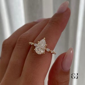 2 Ct Pear Shaped Lab-Grown Engagement Ring, Pear Solitaire Ring With Marquise Accent Ring, IGI Certified Pear Cut Diamond Ring for Women