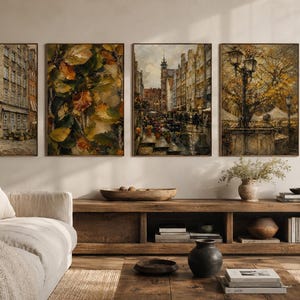 Juego de 5 carteles originales Gdańsk, Polonia, calle Długa, otoño para interiores acogedores