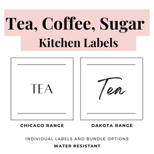 Tea, coffee & sugar kitchen labels, minimalist simple design, water resistant, individual and bundle options