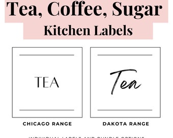 Tea, coffee & sugar kitchen labels, minimalist simple design, water resistant, individual and bundle options